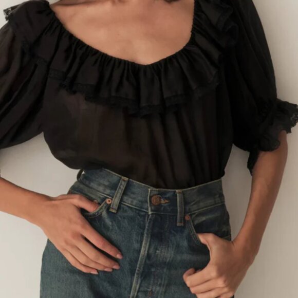 Doen Tops - DOEN Samara Top Womens Small Black Ramie Tencel Blend Lace Ruffles Puff Sleeve